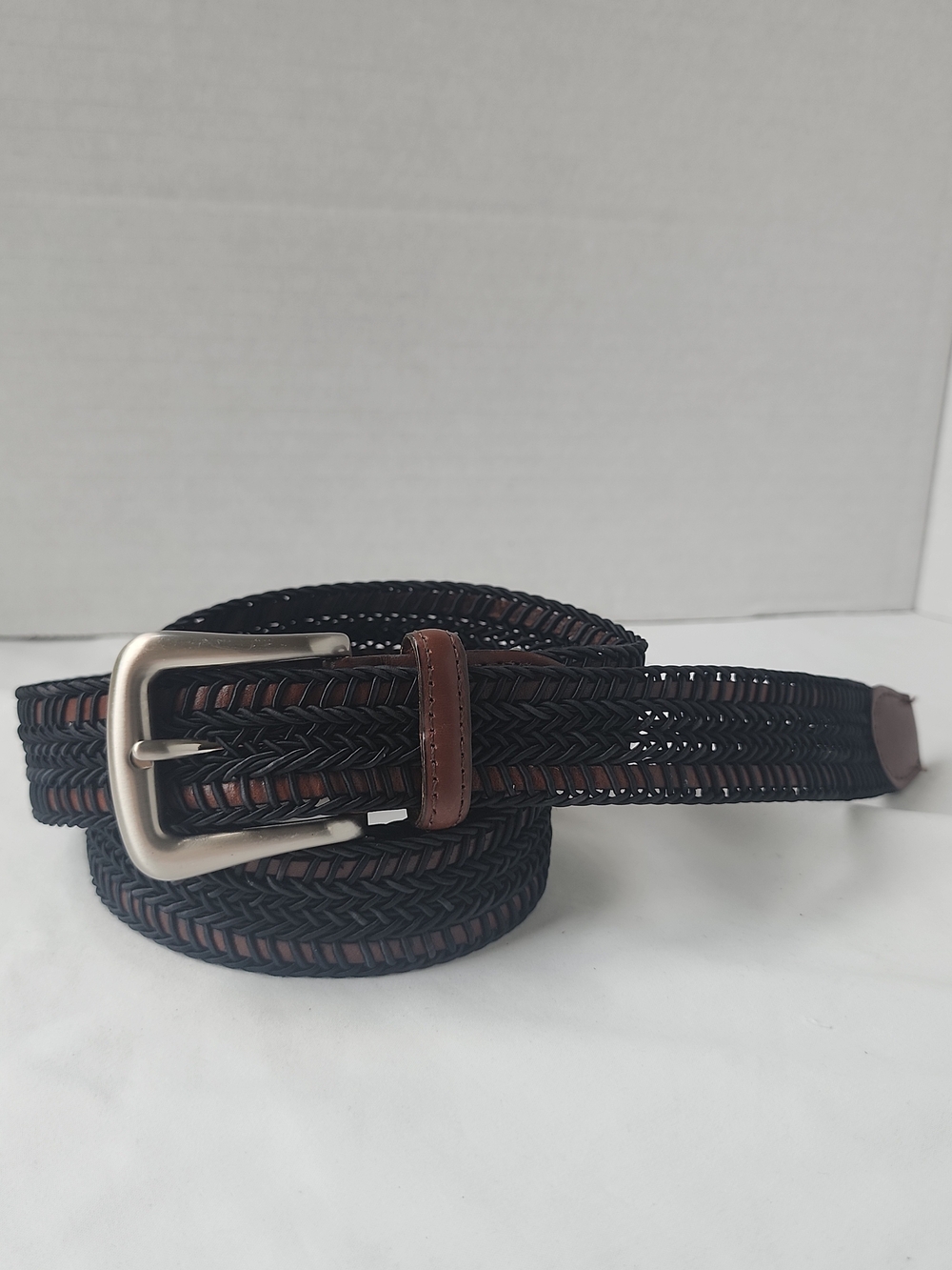 TORINO Men's Brown Leather Black Cord Braided Belt Sz 38 Silver Tone Buckle USA
